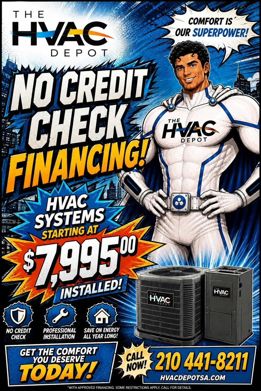 The HVAC Depot financing campaign offering systems starting at $7,995 installed